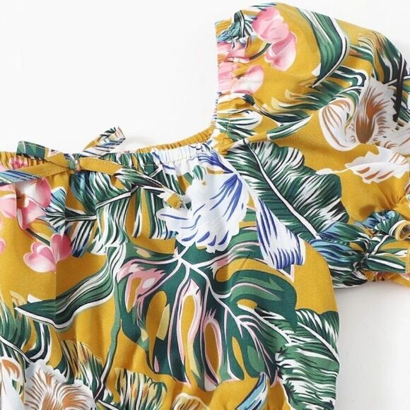 SHEIN Girls Tropical Print Puff Sleeve Crop Top & Ruffle Hem Shorts Set NWT 💙👍 - Picture 13 of 13